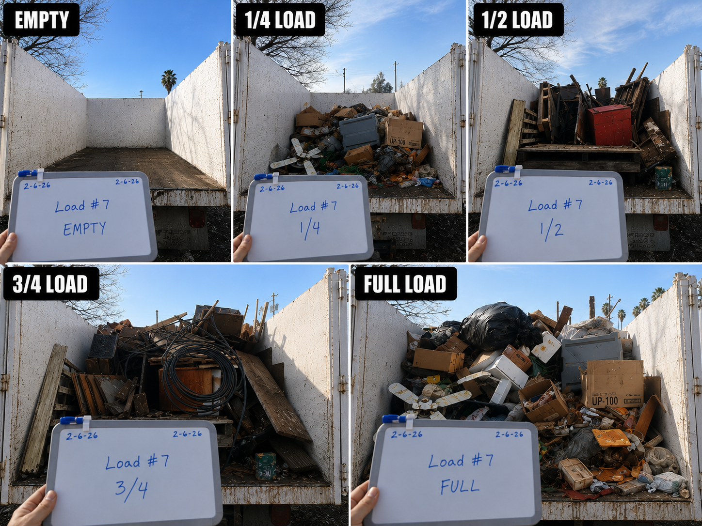 Junk Removal Truck Load Size Guide JP's Junk Removal truck load size guide showing empty, quarter, half, three-quarter, and full truck loads.