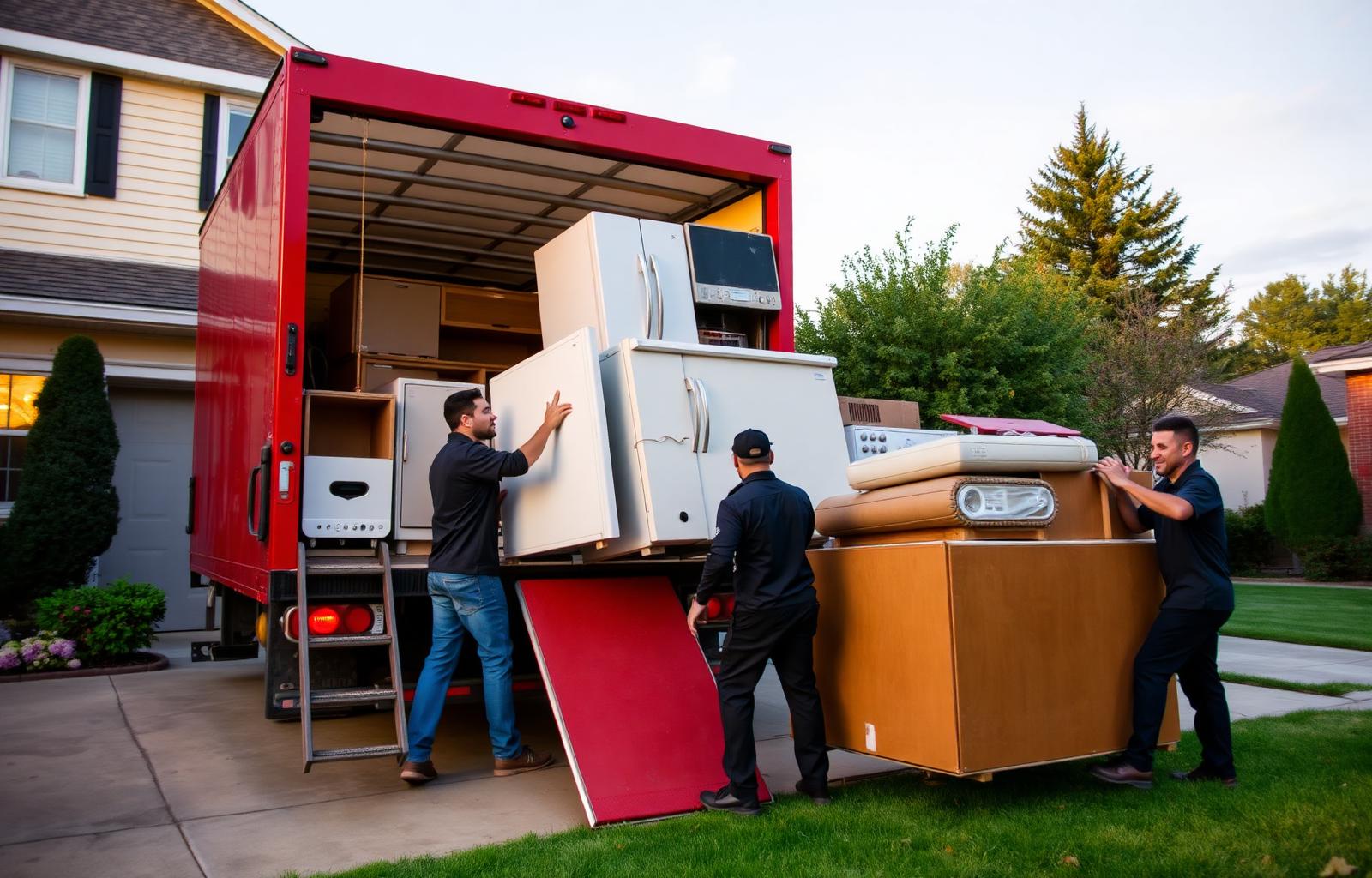 Junk removal crew loading furniture and appliances into a hauling truck